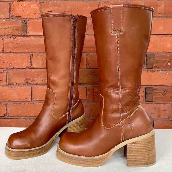 SOLD FRYE Dorian Vintage Y2K Platform Chunky Heel Sole Zippered Brown Boots, 9 - Picture 4 of 14